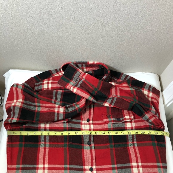 AEO Cotton Button Down Flannel Red Green Black Ivory Plaid Athletic Fit Shirt L - Picture 11 of 13